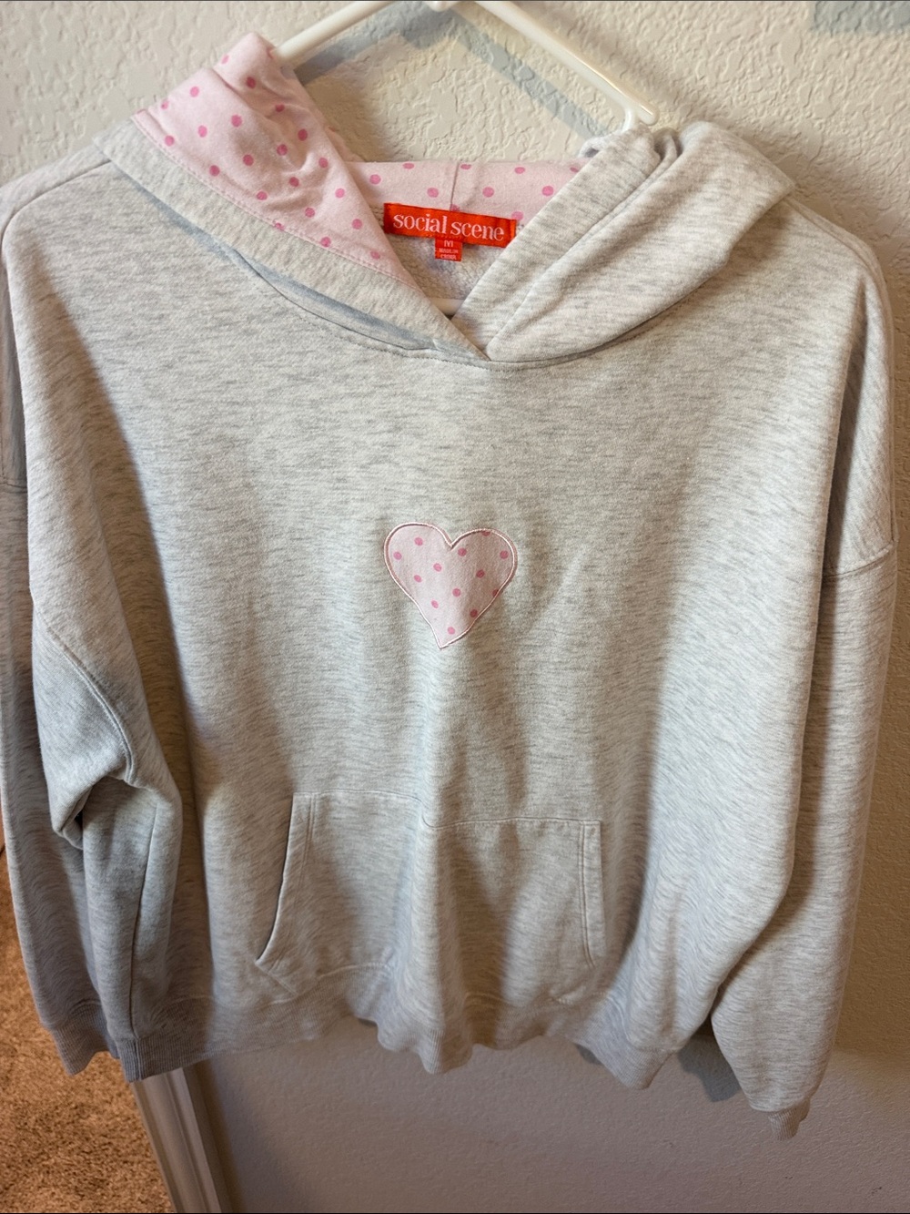 Social Scene Light Gray Hoodie Sweatshirt with Pink Polka Dot Heart